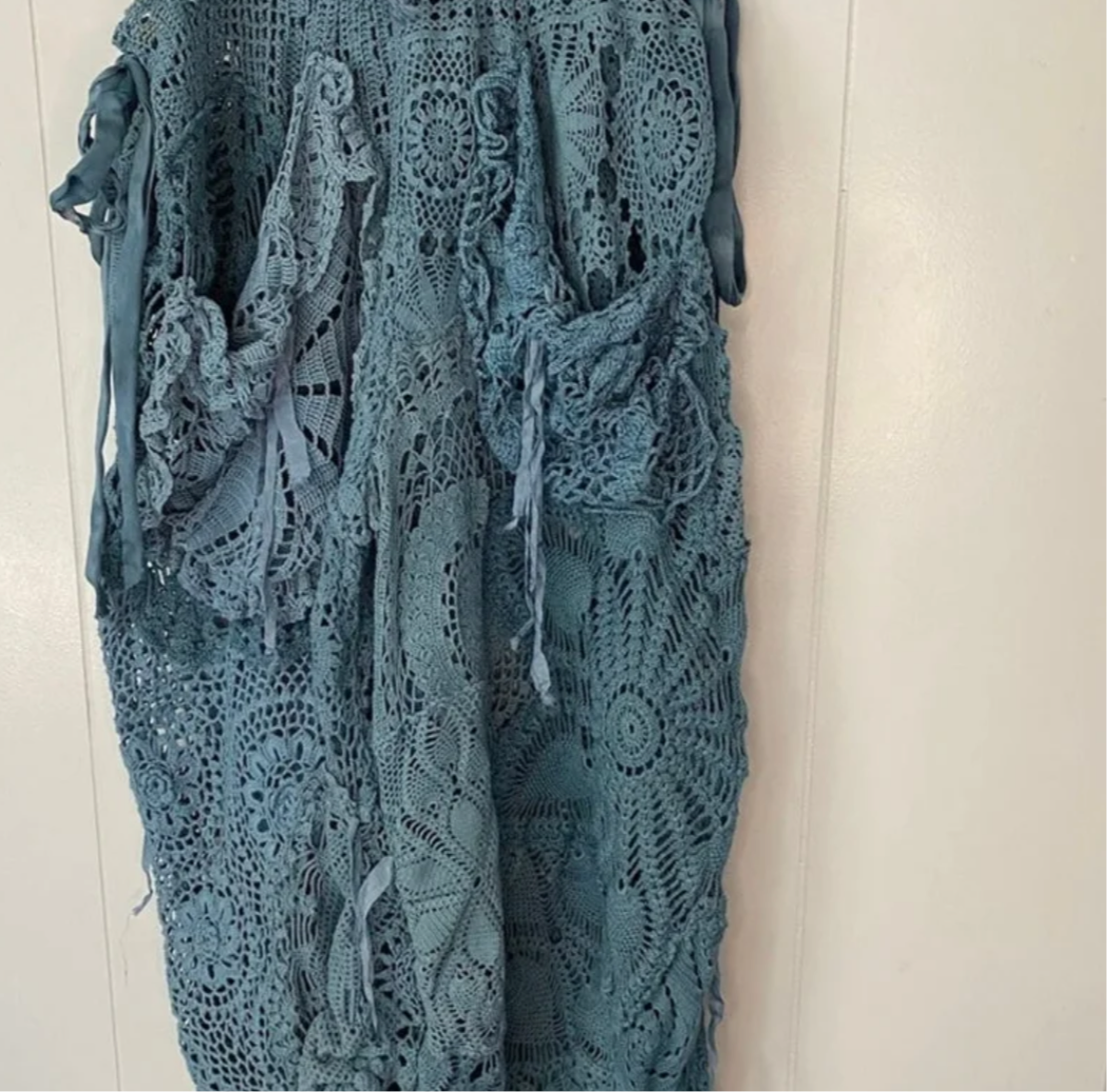 Magnolia Pearl Teal Crochet Silk Ribbon Patchwork Overalls